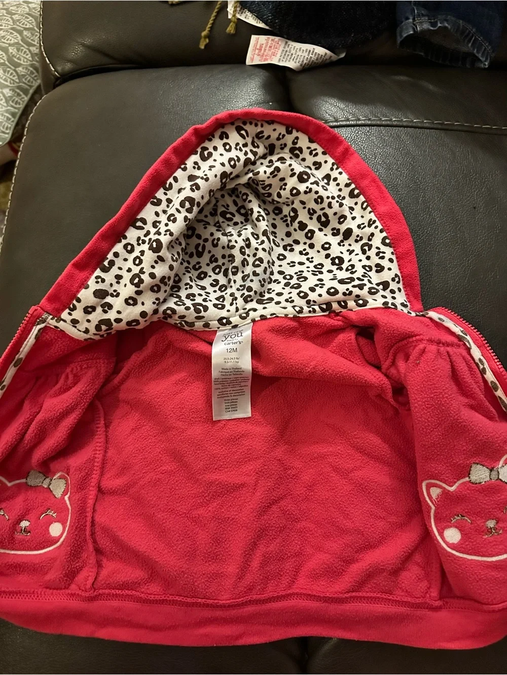 Pink Hooded Baby Jacket with Leopard Lined Hood and Kitty Pockets